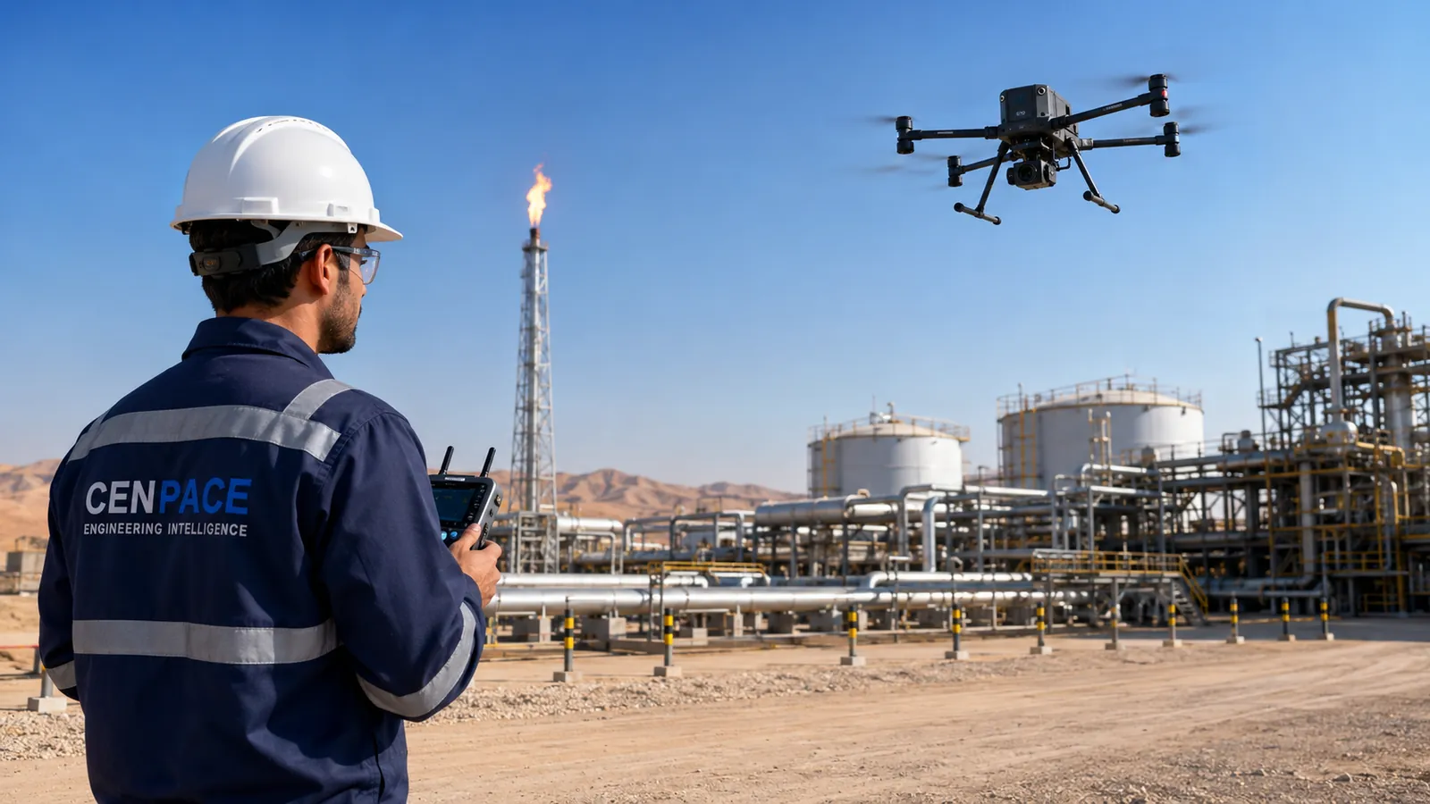 Drone pilot inspecting a flare stack and tank farm at an oil and gas facility